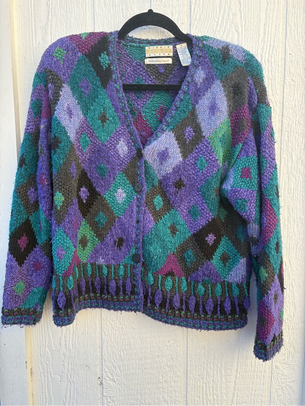 Sigrid Olsen Purple Teal Geometric Button-Front Cardigan